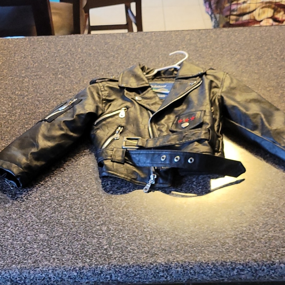 Rare kids biker jacket black leather like